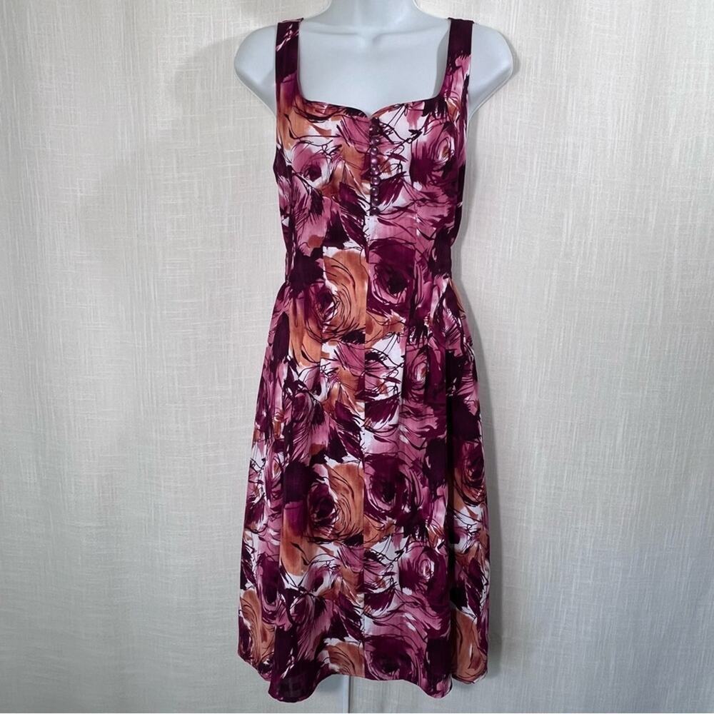 Liz Claiborne Axcess Floral‎ Sweetheart Button Tie Waist Midi Dress Size M
